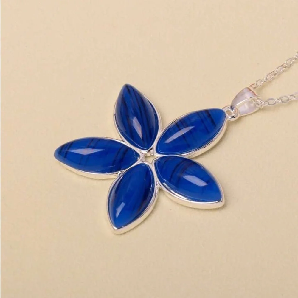 New Blue Stripe Agate Sterling Silver Boho Handmade Floral Daisy Necklace
